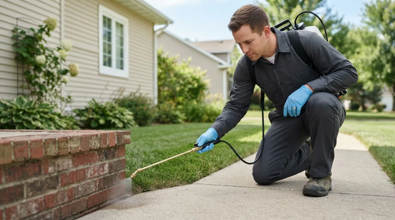 Pest control technician treating a home near La Joya, NM